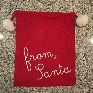 Christmas Santa Gift Bag Red Drawstring White Pom-Poms 17x14‎  EXCELLENT